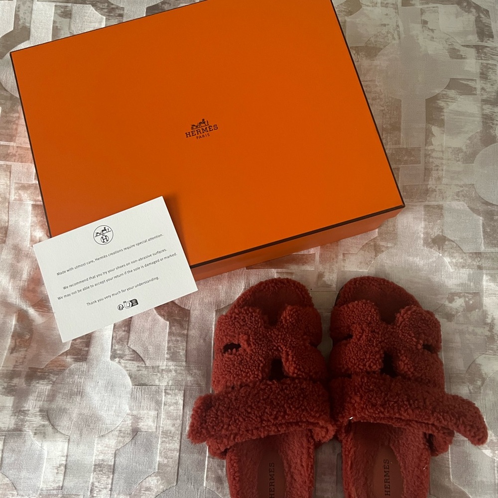 Hermès Red Fuzzy Sandals